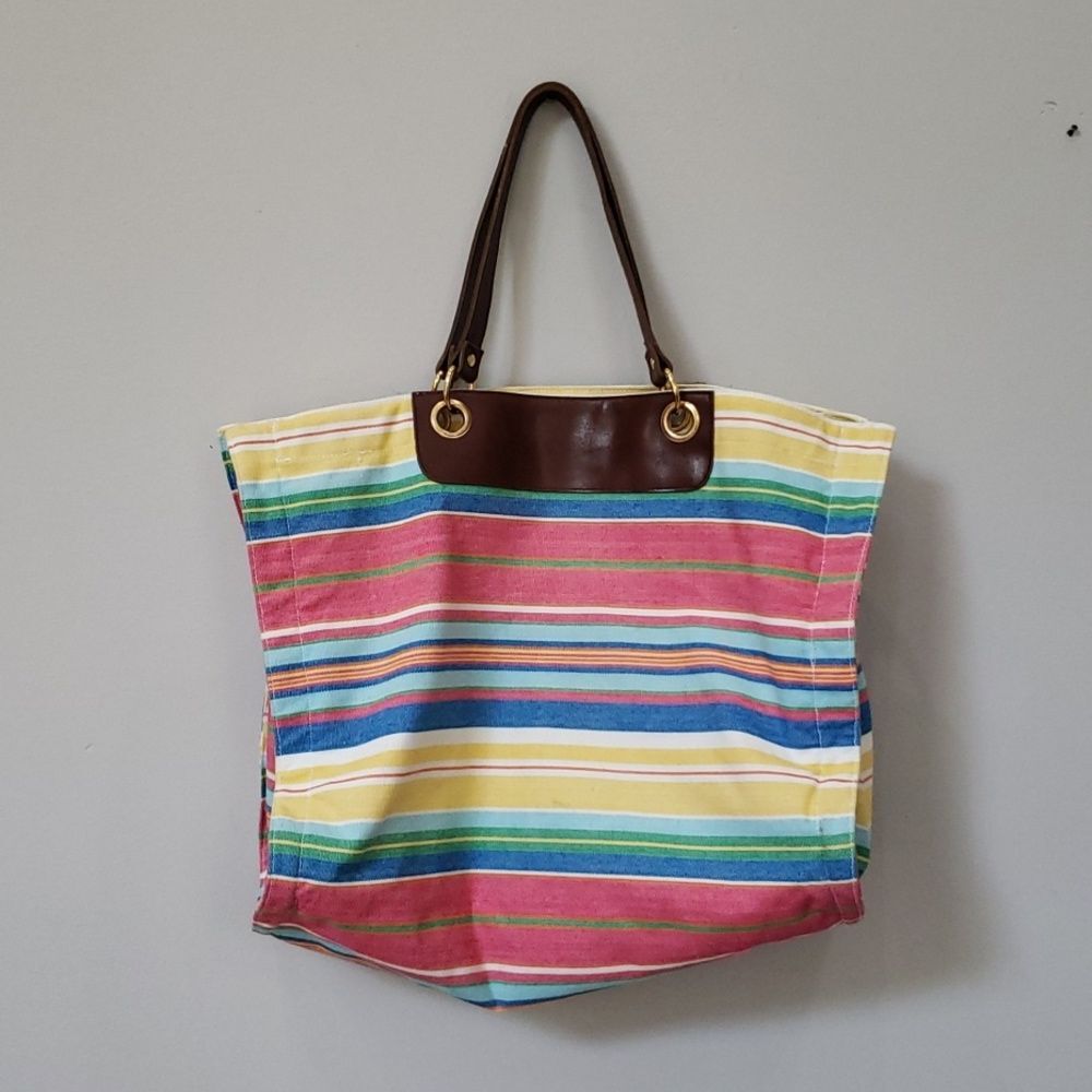 Talbots Tote Colorful Striped Cotton Leather Double Handles XL Beach Mom Stuff